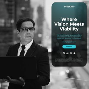A businessman contemplates, a laptop in hand, symbolizing detailed project report preparation. Projectzo: your detailed project report consultant.
