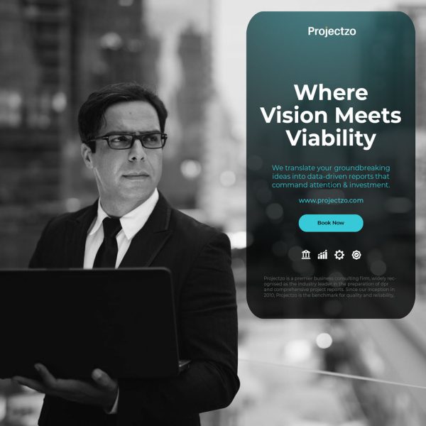 A businessman contemplates, a laptop in hand, symbolizing detailed project report preparation. Projectzo: your detailed project report consultant.