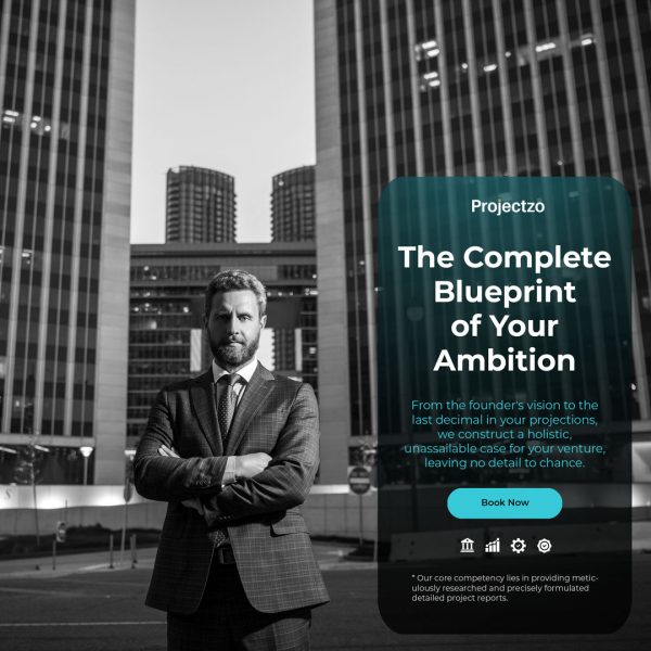 A confident founder stands before skyscrapers, relying on our detailed project report to create the complete blueprint for his ambition.