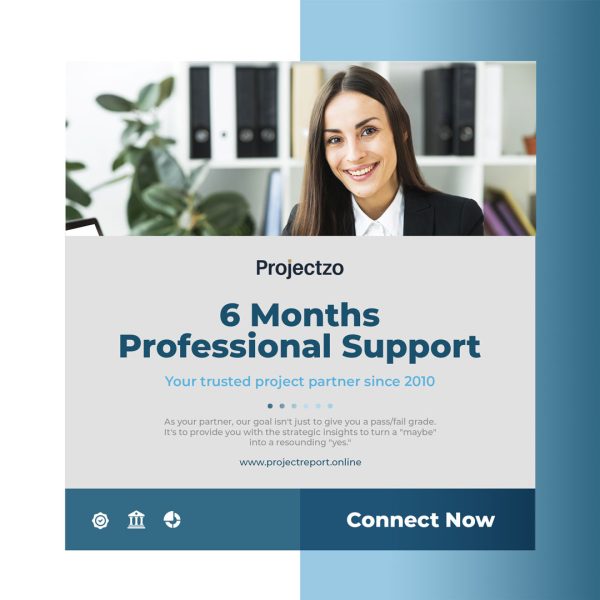 A friendly Projectzo partner illustrating the 6 months of professional support included with every financial feasibility assessment and report service.